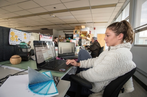 SIU Interior Design student studying at computer desk