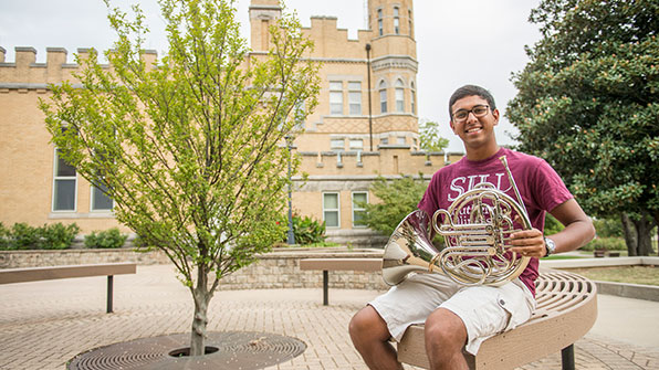 SIU Music Liberal Art Student in front of Altgeld Hall