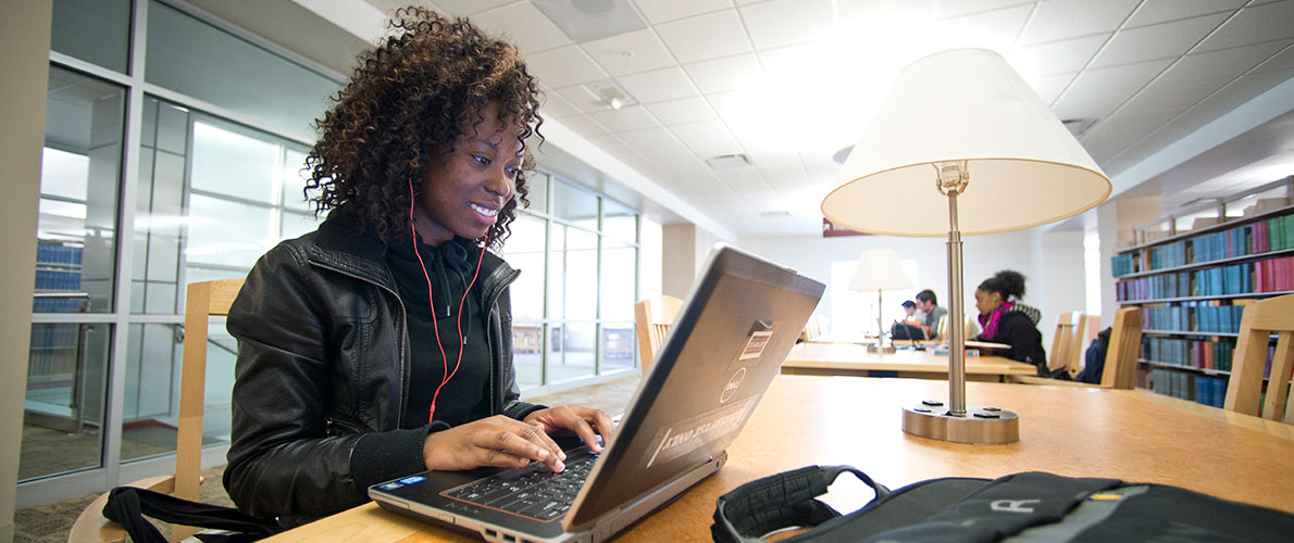 SIU Public Administration Student works on a computer