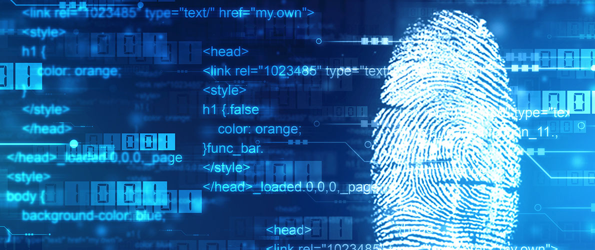 A digital illustration of a fingerprint overlaid on a blue background of code and HTML, representing cybersecurity and digital identity concepts.