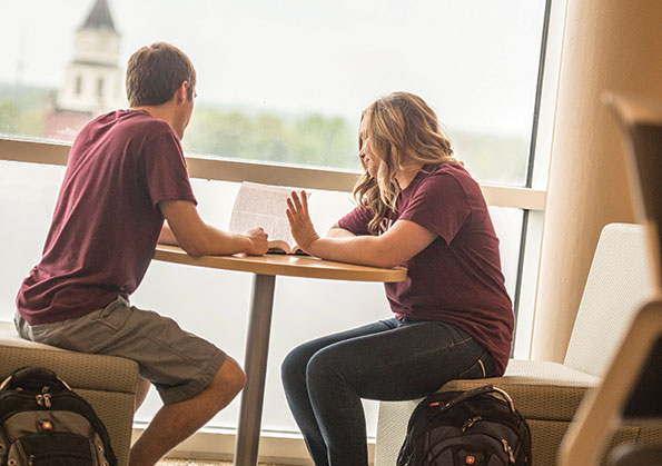 **Alt text:** Two students in maroon shirts sit at a table by a large window reviewing a document together, with a campus building visible in the background.